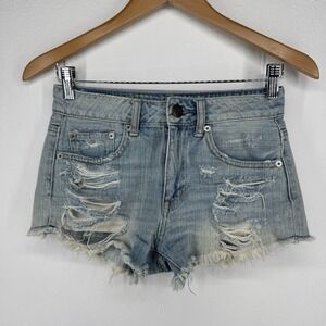 American Eagle Women's Micro Mini Mid Rise Shortie Shorts Stretch Denim Y2K Sz 0